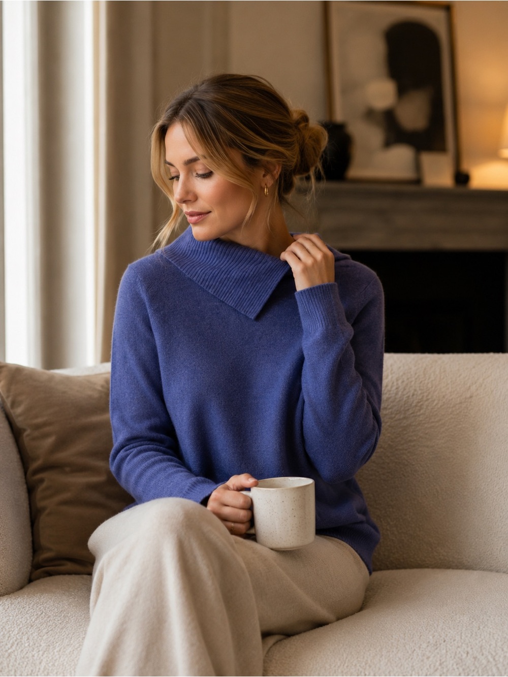 100% Cashmere Women's Cowl Neck Blue Sweater